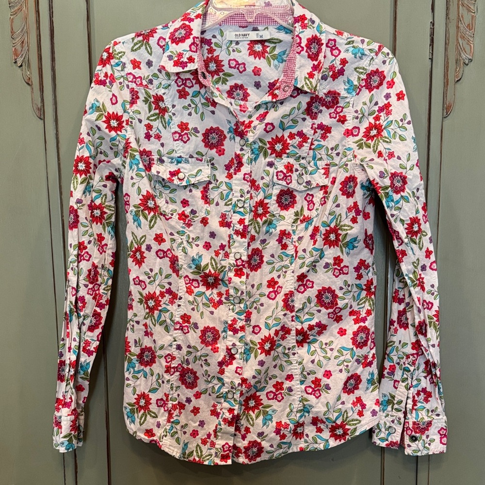 Old Navy Red and Purple Floral pearl snap Shirt